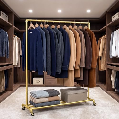 Gold Pipe Clothing Racks on Wheels Garment Rack with Bottom Shelf Heavy Duty Clothes Rack Hanging Rack Closet Organizer for Bedroom,Retail(Gold)