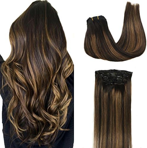 Googoo Clip in Hair Extensions Ombre Natural Black to Light Brown Remy Human Hair Extensions Clip in Real Natural Hair Straight Double Weft Hair Extensions 7pcs/120g 16inch