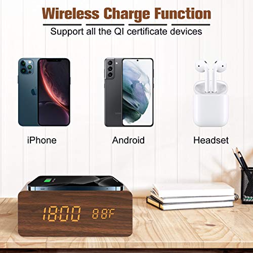 Digital Alarm Clock with Wireless Charging, LED Wood Large Display, Loud Alarm Clock for Heavy Sleepers, with USB Port, 3 Alarm Settings, Date and Temperature Displays, for Bedroom, Bedside