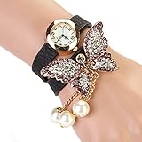 BESSKY Women Faux Pearls Rhinestone Butterfly Bracelet Quartz Analog Watch Black
