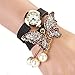 BESSKY Women Faux Pearls Rhinestone Butterfly Bracelet Quartz Analog Watch Black