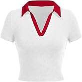 Avanova Women Polo Collared V Neck Tee Shirts Ringer Short Sleeve Crop Tops