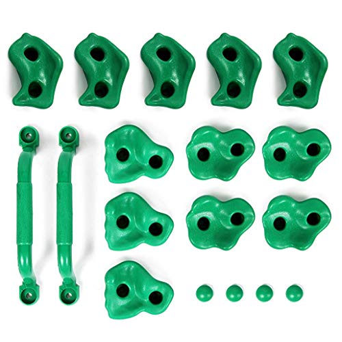 Powerfly Kids Rock Wall Climbing Holds - Set of 2 Safety Handles & 12 Screw On Green Climbing Jugs - Swing Playset Playground Equipment Accessories - Indoor or Outdoor Use - Mounting Hardware Included