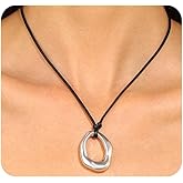 Navirix Chunky Irregular Round Pendant Statement Necklace Hollow Circle Leather Rope Drop Necklaces Adjustable Western Bachelor Party Accessories for Women