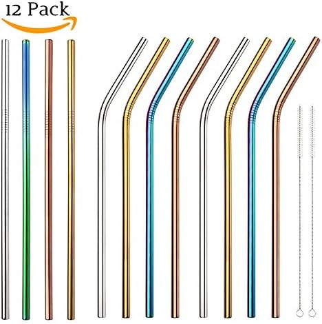 12 Pack Stainless Steel Straws with 2 Cleaning Brushes, Reusable Metal Drinking Straws for 20oz 30oz Stainless Tumbler Yeti Rambler Rtic Ozark Trail Complete Bundle
