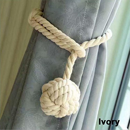 BUZIO 2 – Pack Window Curtain Rope Holdbacks – Decorative Hand-knitted Cord Cotton Tiebacks for Blackout Curtain, Beige - Thumbnail 6