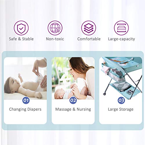 EGREE Baby Portable Folding Diaper Changing Station with Wheels, Adjustable Height Mobile