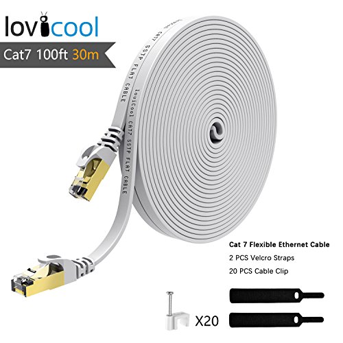 Lovicool CAT 7 Ethernet Patch Cable 100ft Ultra Flat Internet Networking Cords speed up to 10Gbps Gold Plated 8-core Shielded RJ45 Connectors for Modem Router LAN Network White 30m