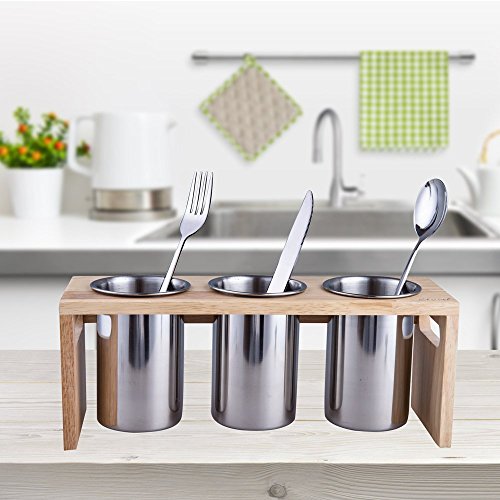 Flatware Organizer Caddy with Wood Base SUS304 Stainless Steel Cutlery