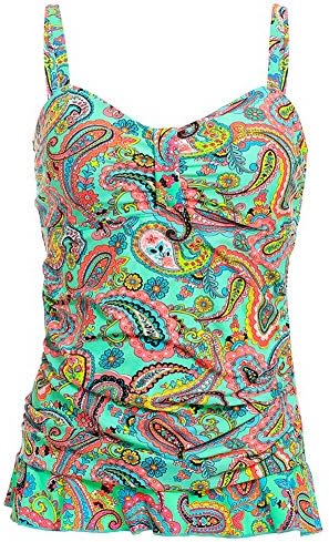 Women's 50's Retro Ruched Tankini Swimsuit Top with Ruffle Hem Tummy Control