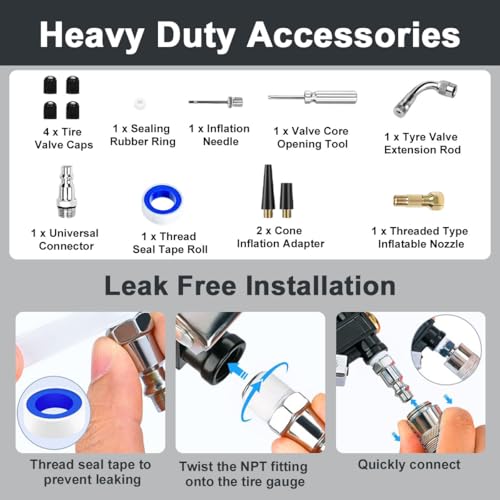 Digital Tire Pressure Gauge Inflator Deflator 200PSI, Air Compressor Kit LCD Air Chuck, Heavy Duty Rubber Hose, Quick Connect Coupler Leak-Proof Valve with Emergency LED Light For Car Bike Ball Truck