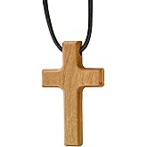 Enkrio Natural Wood Cross Pendant Necklace Tapered Wooden Cross Necklace with Adjustable Leather Cord Religious Jewelry for Men Women