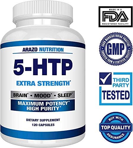 Arazo Nutrition 5-HTP 200 mg Supplement - 120 Capsules for Brain, Mood, Sleep - Maximum Potency - High Purity