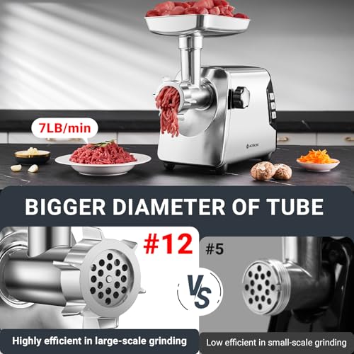 AAOBOSI #12 Meat Grinder, 3 Speed Electric Heavy Duty: 2 Blades, 4 Plates, 3 Sausage Fillers, Kibbe Kit, Meat Clip, Burger Press (Silver)