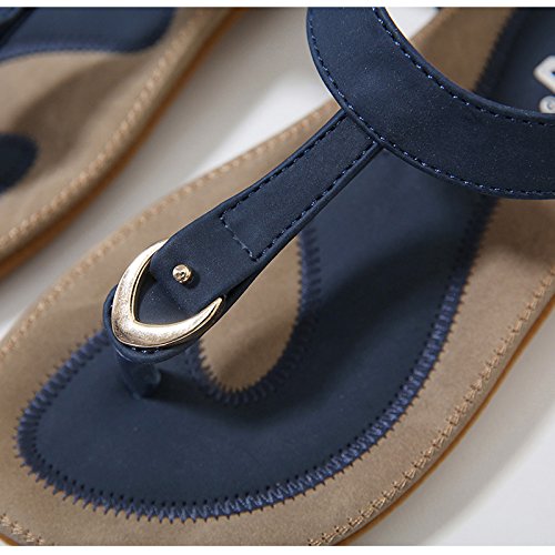 DolphinGirl Bohemian Simple T-Strap Summer Vacation Flat Thong Sandals, Navy Blue Herringbone Glitter Shiny Golden Metal Shoes for Dressy Casual Jeans Daily Wear and Beach Vacation