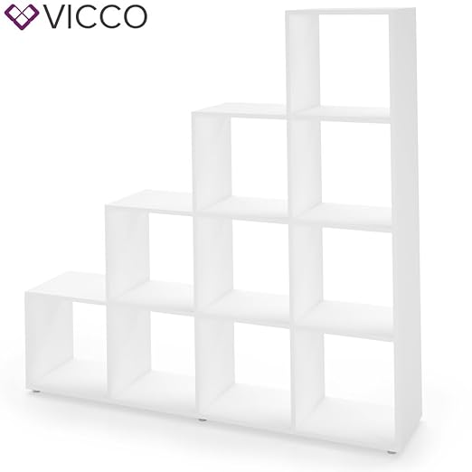 Vicco Treppenregal 10 Fächer - Raumteiler Stufenregal Raumtrenner Bücherregal Aktenregal Standregal (Weiß)