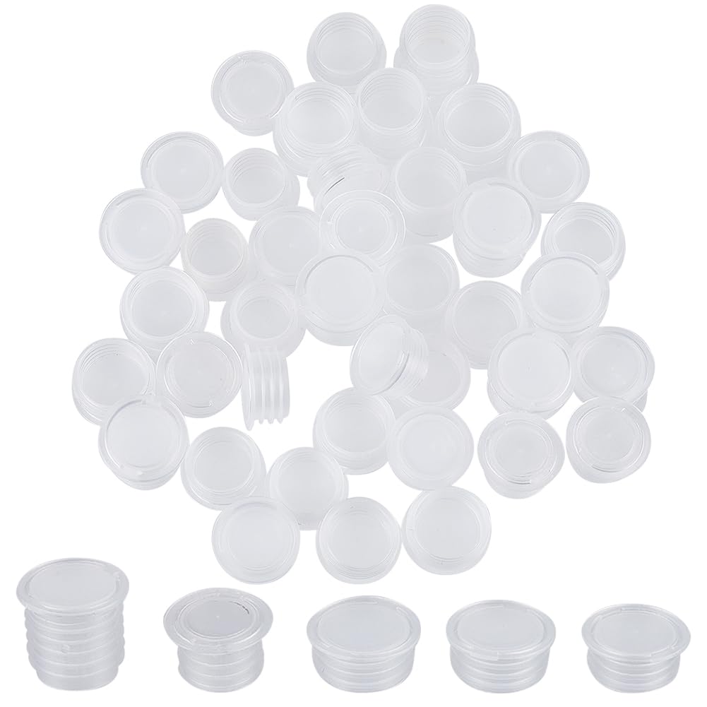 GORGECRAFT 50PCS 5 Sizes Salt and Pepper Shaker Stoppers with Pull Tab Clear Plastic Stopper Replacement Bottle Plug 16mm to 18.5mm Inner Diameter Reusable Round End Covers for Pots Bottles Pipes