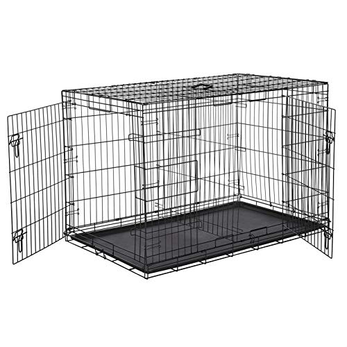 Amazon Basics Double Door Folding Metal Dog Crate Kennel with Liner Tray, 48 x 30 x 32.5 Inches