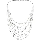 Multi-Strand Layered Pearl Necklace for Women, Elegant White Faux Pearl and Satin Beads, Long Waterfall Statement Jewelry