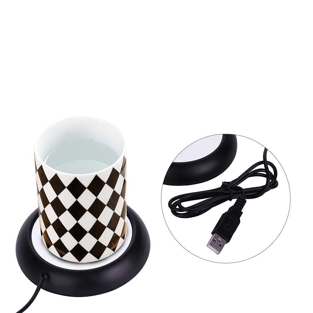 Electric Coffee Cup Tea Warmer Milk Cup Cushion Warmer Hot Plate with Wooden USB Port Mini Metal Cup Mat (Black)