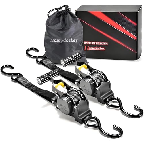KAPEICamper Retractable Ratchet Straps 1 in x 10 ft, Secure Tie-Downs with Rubber-Coated Handles & S-Hooks, For Moving Motorcycle, Bike,Cargo,Breaking Strength 1,500Lbs (Round wheel T-handle black)