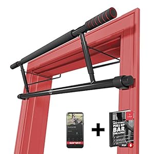 Barra de dominadas para marco de la puerta sin tornillos / taladro + guía de entrenamiento – Barra de tracción profesional con empuñaduras acolchadas – Extra ancha para fijación en puertas en casa