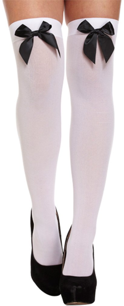 Ladies Black White Blue Red Pink Bow Top Pirate Sailor Dorothy Fancy Dress Stockings Socks (White with Black Bow)