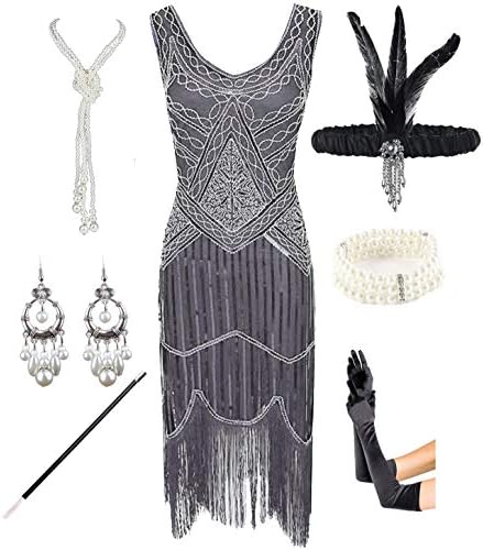 1920s Gatsby Sequin Fringed Paisley Flapper Dress with 20s Accessories Set