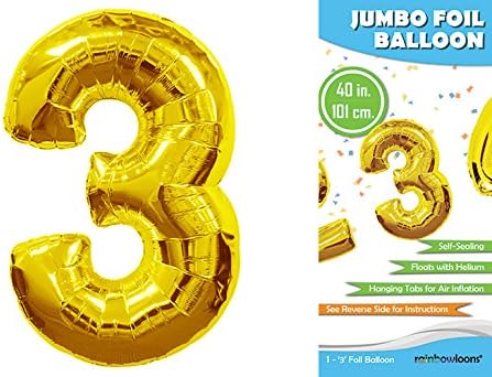 Rainbowloons Jumbo Mylar Foil Balloon, 40-Inch, Glossy Gold, Number 3