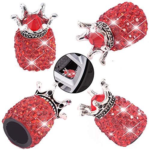 Valve Stem Caps, 4 Pack Handmade Crystal Rhinestone Universal Car Tire Valve Caps Chrome,Attractive Dustproof Bling Car Accessories - Red Diamond Crown