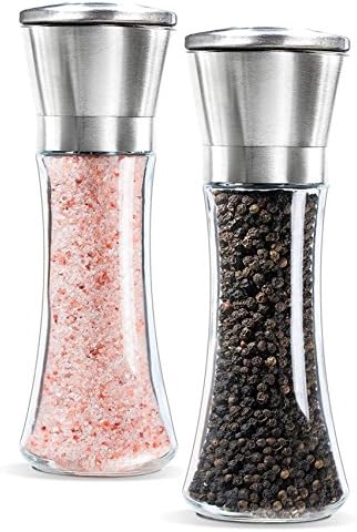 Stainless Steel Salt and Pepper Grinder Set of 2, 6 oz Glass Body. Salt and Pepper Mill, Spice Mill with Adjustable Ceramic grinder. Salt and Pepper Shaker. By GRS Online Stores.