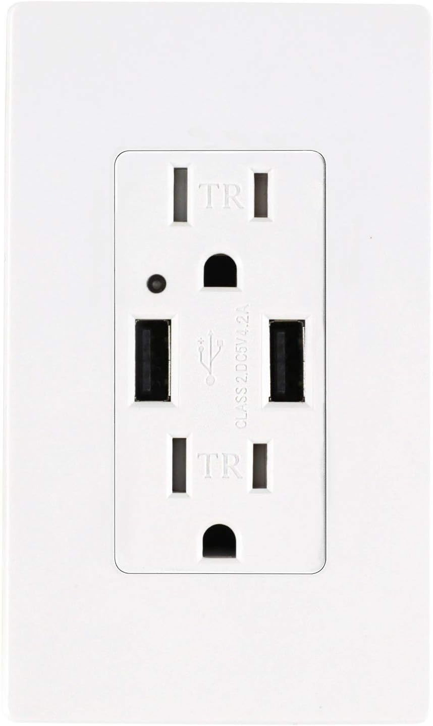 AbboTech 15A Tamper Resistant Duplex Receptacle Standard Wall Outlet Decorative Electrical Outlet, Child Proof Safety,Wall Plates Included, White, UL listed. (USB OUTLET 10 PK)