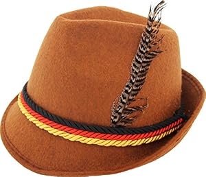 German Alpine Bavarian Oktoberfest Brown Costume Hat with Feather (Brown)