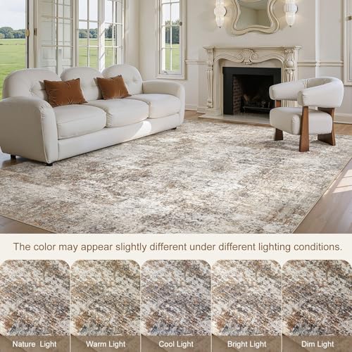 9x12 Area Rugs for Living Room: Washable Large Neutral Abstract Rug Soft Non Slip Stain Resistant Low Pile Indoor Carpet for Bedroom Dining Room Nursery Office Playroom - Brown Grey