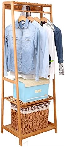 ZHIRONG Garment Rack Bamboo Wood Entryway Coat Rack 3 Tiers Shoe Clothes Storage Shelves 3 Coat Hooks 1 Hanging Bar For Bag Clothing Umbrella Holder Living Room Bedroom Hallway 168*60cm*43CM / 165*80cm*43CM