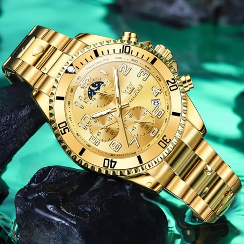 OLEVS Watches Men Waterproof Luxury Big Face Mens Watch Stainless Steel Day Date Quartz Analog Dress Watches for Men Luminous Relojes De Hombre (Green/Blue/Black/Gold)