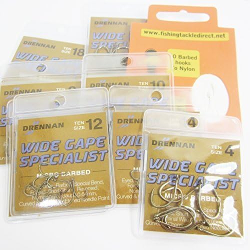 FTD - Min 30 (3 packs of 10) DRENNAN WIDE GAPE SPECIALIST MICRO BARBED (EYED) Single Size & Combination Fishing Hooks Sizes 4 to 18 - Comes with 10 FTD Barbed Hooks to Nylon (4 packs - 1 x size 12 14 16 & 18)