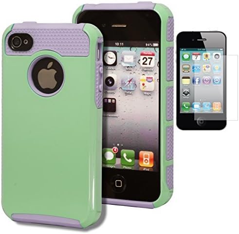 iPhone 4 Case, Bastex Heavy Duty Two Piece Hybrid Lavender Silicone Teal Green Case Cover for Apple Iphone 4, 4g, 4s 4gsINCLUDES SCREEN PROTECTOR