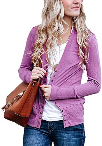JNTOP Women's Soft V-Neck Long Sleeve Button Down Knitwear Basic Knit Snap Cardigan Sweater