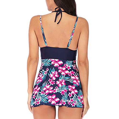 Forthery-Women Tankini Swimwear Plus Size Print Padded Slimming Skirt Swimwear Halter Patchwork Upper Body Swimsuit(Pink,XXXXX-Large)