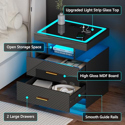 Gurexl Bedside Table with Charging Function, Nightstand with Glass Top and LED Lights, Modern Bedroom Furniture with Two Drawers and Wireless Charging for Bedroom, Living Room, Office, Black