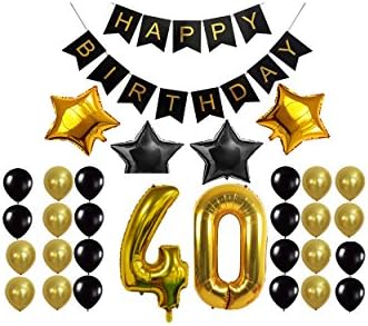40th Birthday decorations set gold and black, Happy Birthday Banner, 40th Gold Number Balloons,4 Star Balloons, Perfect 40 Years Old Party Supplies for men and women, with 24 black and gold Balloons