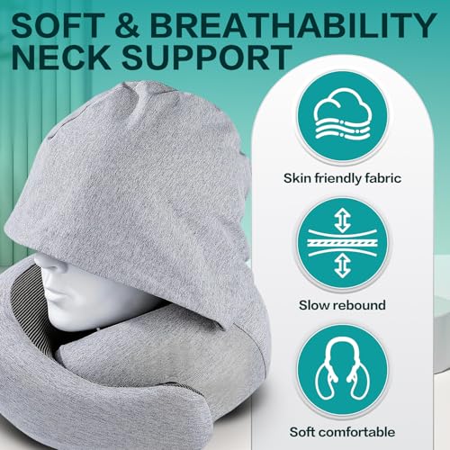 Aeroplane Neck Pillow, Travel Pillow, Adjustable Travel Pillow, Memory Foam with Hood, Supports Head, Neck, Neck Pillow, Adult with Sleeping Mask, Earplugs, Carry Bag for Plane, Car, Train