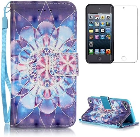 iPod Touch 5/6 Wallet Case [with Free Screen Protector],CasesHome Stylish 3D Pattern Magnetic Wrist Strap Built-in Soft Rubber Bumper Flip Leather Holster Purple Mandala Flower