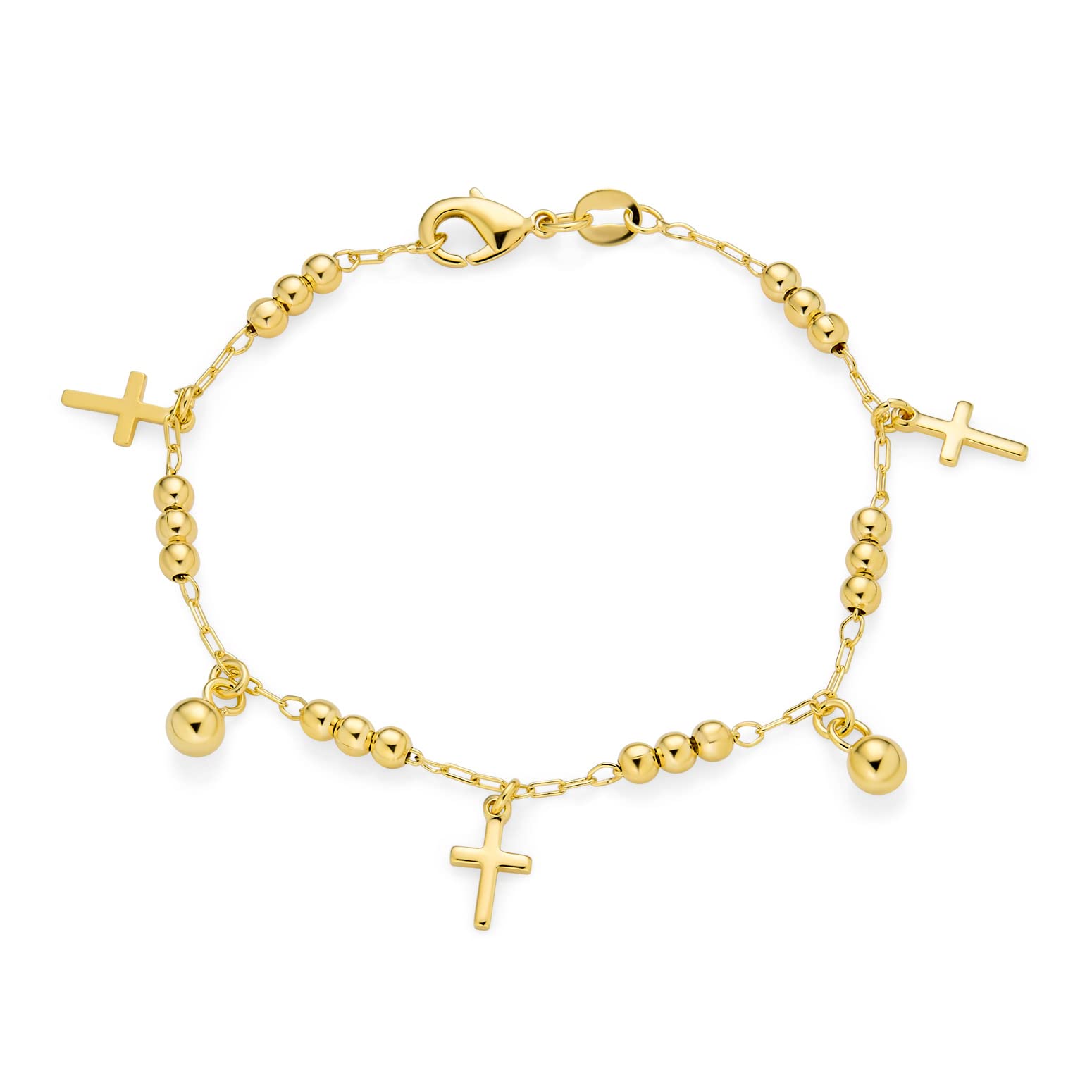 Bling Jewelry Christian Religious Spiritual Beads Bells Dangle Charm Multi Cross Bracelet For Women Teens 18K Gold Plated Brass 7.5 Inch