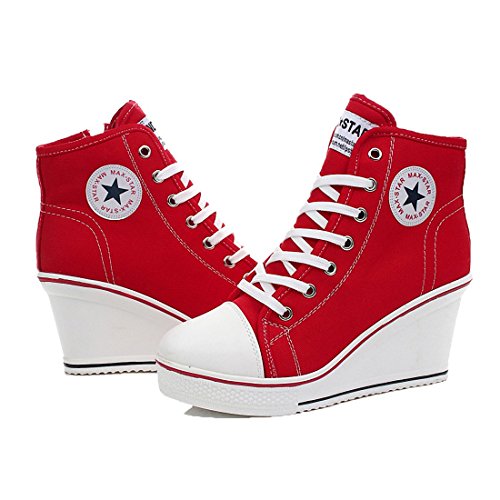 mewow Womens Girl's Casual Plus Size High Top Wedge Heel Canvas Shoes Fashion Sneaker (7, Red)