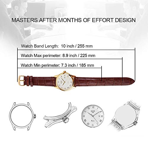 Mens Quartz Watch, Roman Numeral Business Casual Fashion Analog Wrist Watch Classic Calendar Date Window, Waterproof 30M Water Resistant Comfortable PU Leather Watches (Gold) - Thumbnail 4