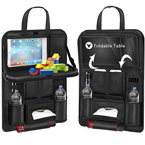 Back Seat Car Organizer, Car Organizer for Kids Toy Bottles Storage Foldable Dining Table Clear Tablet Holder Family Road Trip Accessories (Black 1PC)