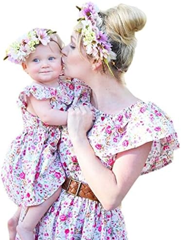 Bowant Mother and Daughter Matching Dress, Woman Baby Girls Summer Off Shoulder Floral Print Dress Sundress