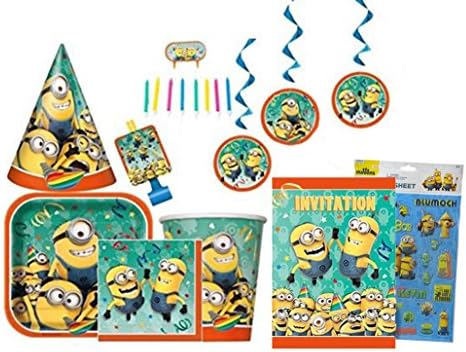 Despicable Me Party Supplies Pack Including Hanging Decor, Candles, Cake topper, Plates, Cups, Napkins, Invitations, Blowouts, and Hats for 16 Guests and a BONUS sticker set for the Birthday Child!